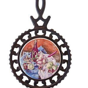 Vintage Enesco Cast Iron Trivet Tile Wine Still Life Japan